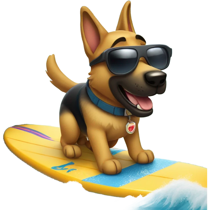German shepherd with sunglasses surfing a big wave emoji