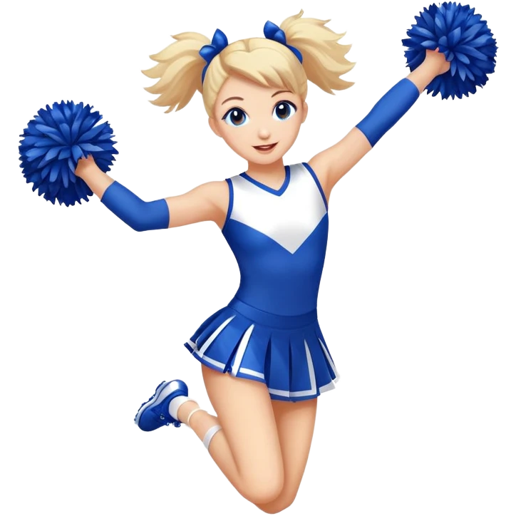 Cheerleader jumping with pom poms and a blue and white uniform  emoji