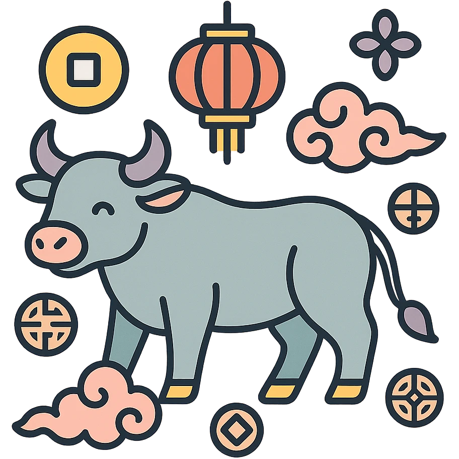 ox, symbol of the year in feng shui, Chinese style, thin clean outlines, soft rounded shapes, pastel palette #98B5BC, #B5B3C1, #C9A3C9, #E4C0CA, #F7DCD1, #F7C0AA, modern Japanese pop art and sticker aesthetics, detailed shadows and highlights, soft lighting, transparent background, with Chinese decor (coins, lanterns, clouds, patterns) emoji