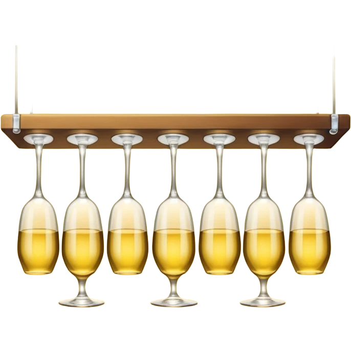A row of hanging wine glasses upside-down under a yellow light shelf
 emoji