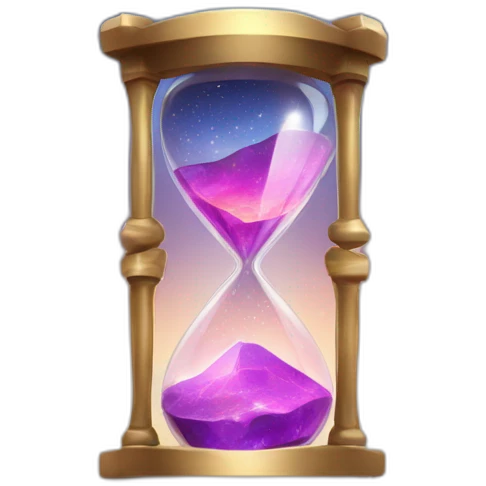 Design a crystal hourglass with sparkling sand, against a cosmic background." emoji