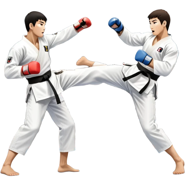 Two taekwondo fighters in traditional white doboks with black belts. One delivers a powerful kick, while the other defends by blocking with his knee. The background shows a professional arena with bright lights and an excited crowd. Transparent background highlights the intense action emoji