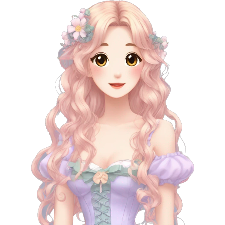 gorgeous pretty attractive anime lady beautiful hair with gorgeous dress fairycore cottagecore pastelcore detailed high quality trending VOGUE aesthetic emoji