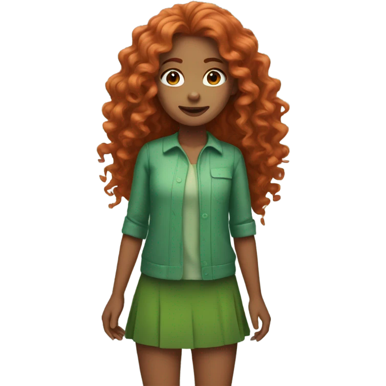 Girl with long curly red hair wearing green emoji