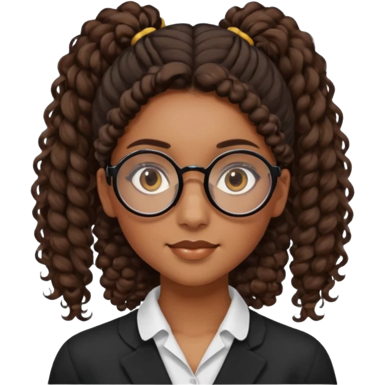 chica morena de ojos claros con gafas negras exagonales redondeadas. y pelo rizado castaño con todo el pelo recogido en una coleta .. Con todo el pelo recogido un clen look solamente una coleta tiene 16 años. hazlo como la segunda imagen pero sin el moño emoji