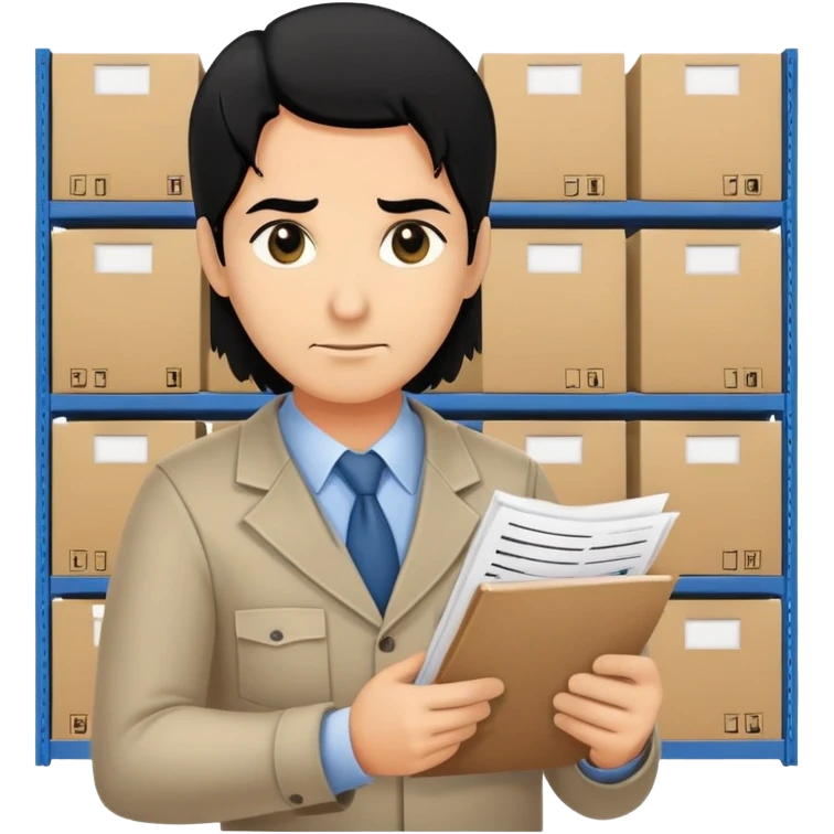 A middle-aged warehouse manager with black eyes and black hair, holding an inventory list. emoji