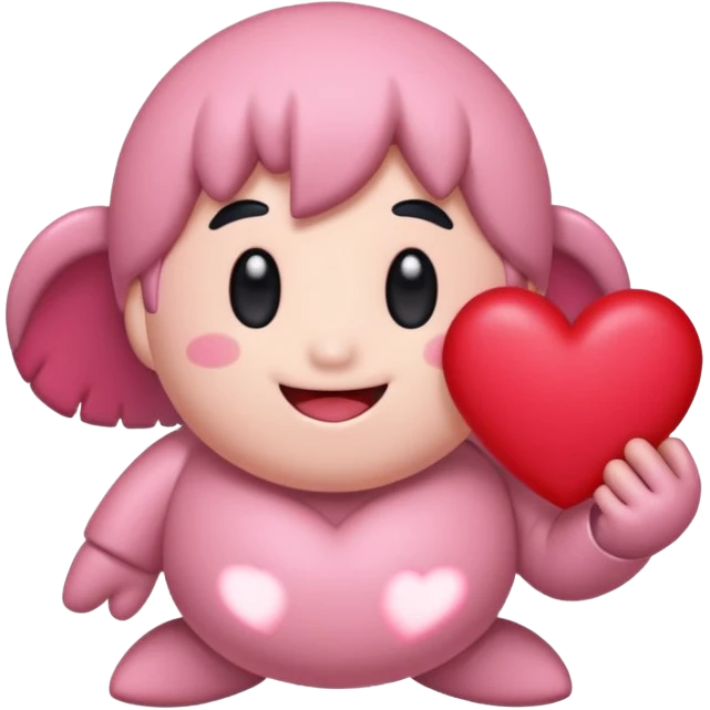 create a chibi sticker of Kirby smiling with a heart in his hands emoji