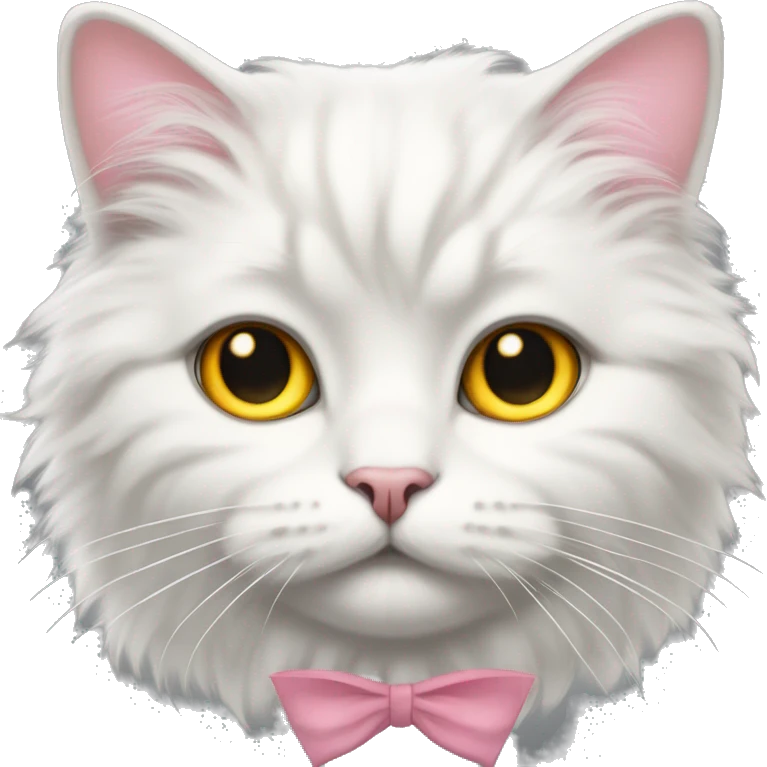 white fluffy cat dark gray markings on face yellow and orange eyes with pink bow collar emoji