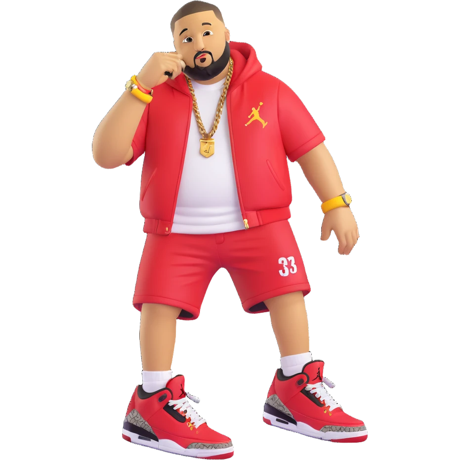 Transform the cartoon red DJ Khaled Grateful Air Jordan 3 character into a 3D emoji style. Keep the yellow cartoon arms and legs, playful pose, and all shoe details including the 'We The Best' tag. Match the look of a 3D rendered toy or emoji with detailed shoe features and vibrant colors. emoji