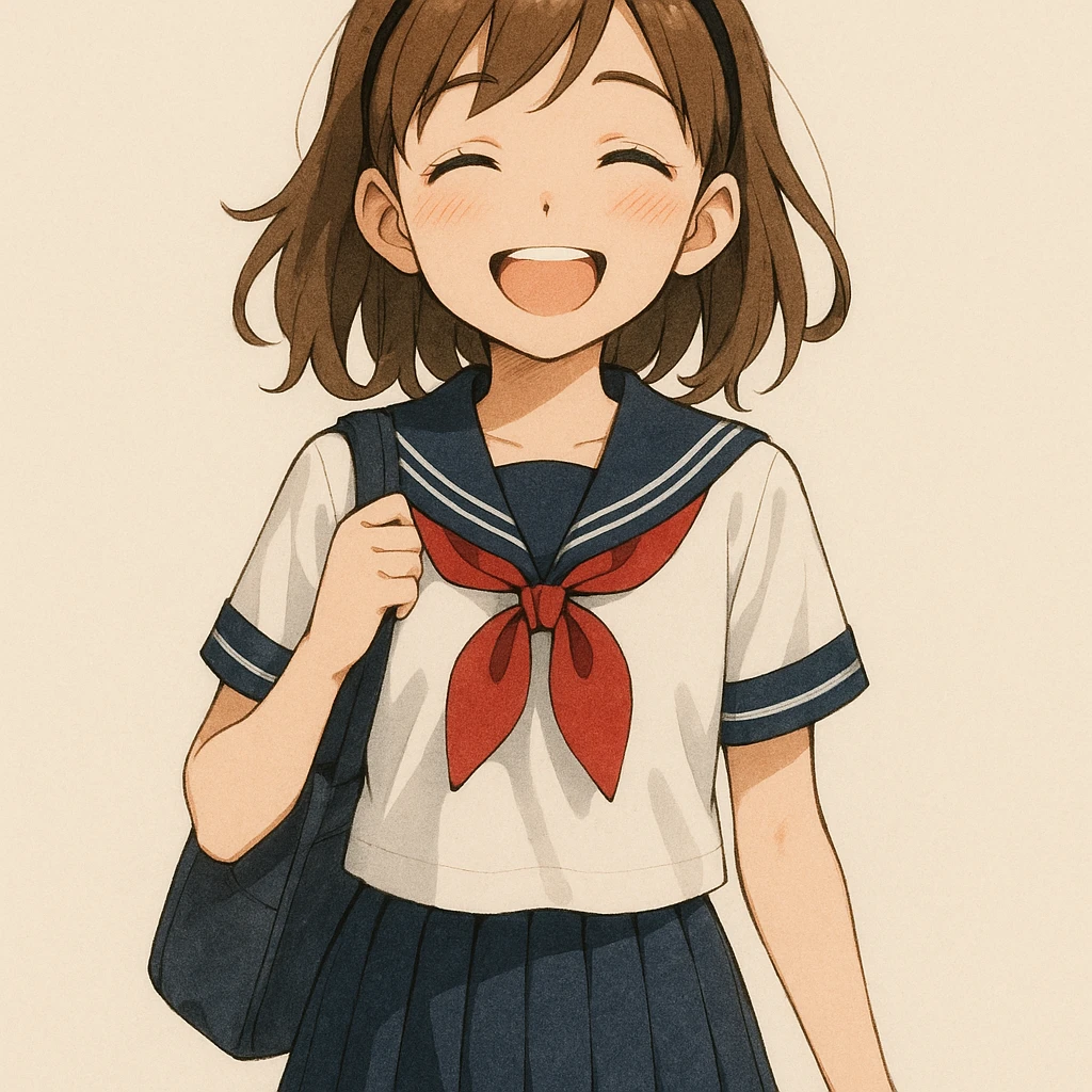 cute teenage girl wearing a school uniform, cheerful expression, simple background emoji
