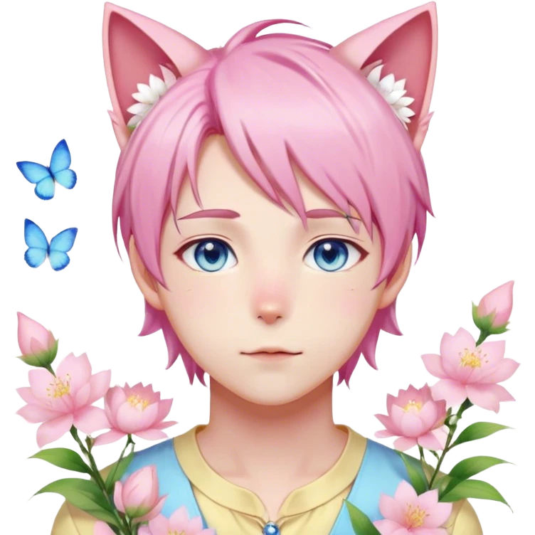 Pastel effeminate young femboy man with pastel pink shiny hair, pink cat ears, pastel yellow blouse, blue eyes, cute, gorgeous, anime, catboy, romantic, beautiful, flowers, aesthetic, sakura flower petals emoji