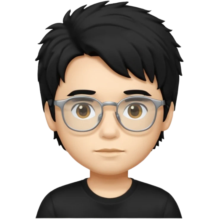 a boy wearing black t-shirt, has fluffy black hair and silver rectangular glasses emoji