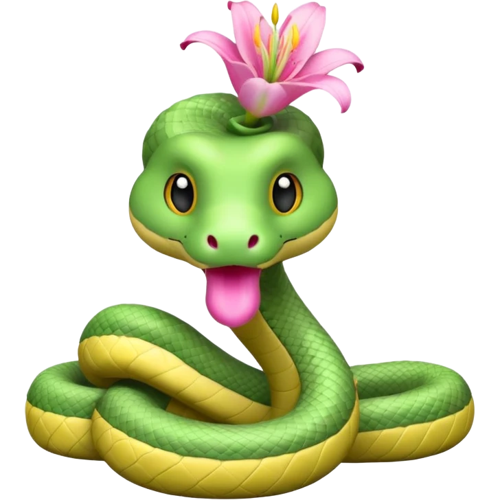 A cute, kind, furry snake doll
with a light green and white body
with a pink lily flower on its head
(no stinger in its mouth) emoji