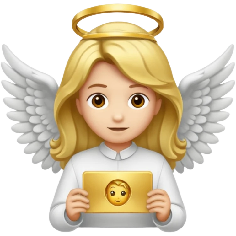 "Um emoji de anjo com cabelos loiros, um halo, asas, segurando um sinal de 'compartilhar' em letras em negrito." emoji
