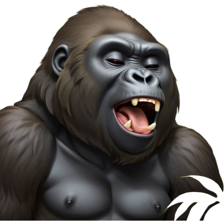 Cinematic Cute Yawning Gorilla Portrait Emoji, Head tilted slightly with a dramatic, wide-open yawn, showcasing a thick, velvety Fur with drowsy, half-closed eyes and a relaxed, open expression, Simplified yet irresistibly adorable features, highly detailed, glowing with a soft, cozy jungle glow, high shine, relaxed yet expressive, stylized with a dash of whimsical primate charm, soft glowing outline, capturing the essence of a drowsy yet affectionate guardian that appears ready to stretch out for a nap! emoji