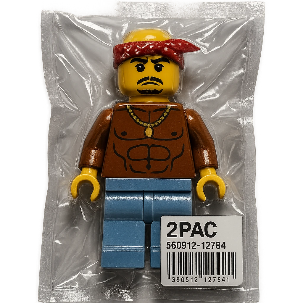 Lego minifigure of 2Pac, with signature bandana and West Coast style, glossy emoji