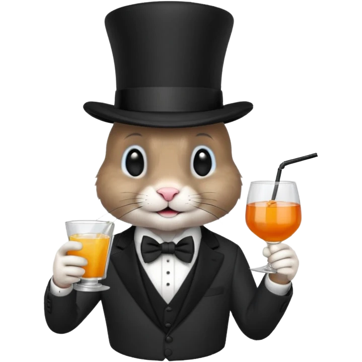 rabbit wearing suit, bowtie and top hat, holding glass of drink emoji