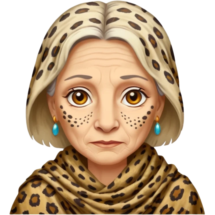 ancient white woman, tattered leopard skin shawl emoji