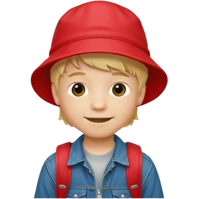 A little boy student, blonde hair, with red bucket hat, jean jacket, backpack emoji
