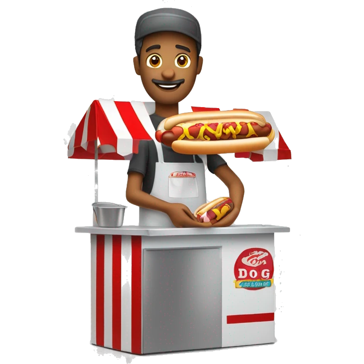 hot dog vendor holding a hot dog in his hand with a hot dog stand in the background with a white background for slack emoji