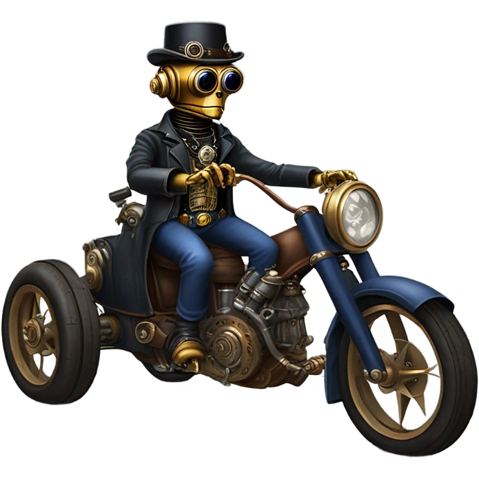 Old west Bounty hunter C-3PO wearing a pair of navy-blue rimmed steampunk goggles, hat, leather chaps, fringe jacket riding a relaxed 3 wheeler trike steampunk rat rod motorcycle in desert town  emoji