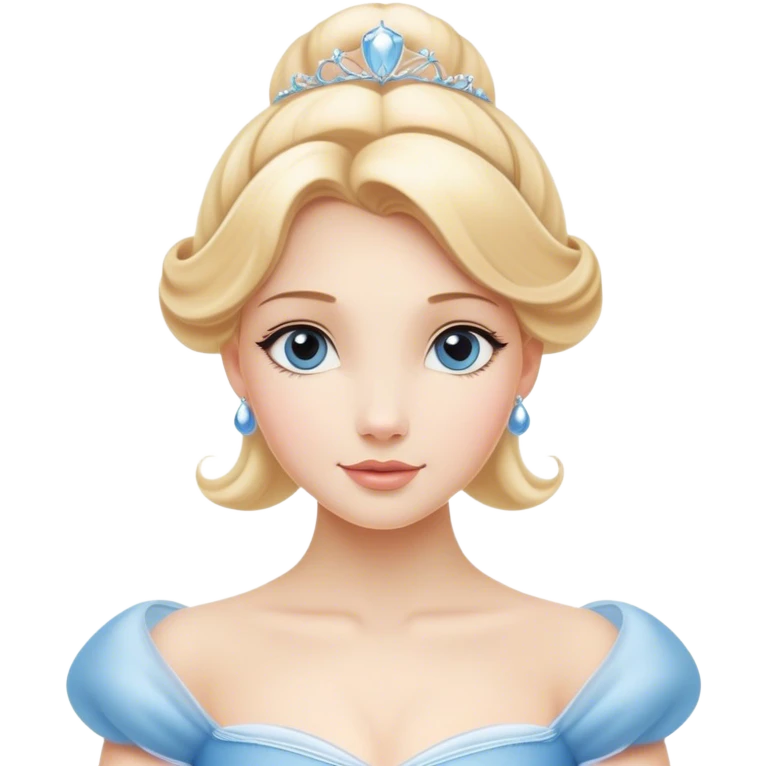 Cinematic Elegant Cinderella Portrait Emoji, rendered in a cinematic, vector-style with minimal shading and bold, simplified shapes. Depict Cinderella in her classic ball gown (chest and above) with fair, porcelain skin and elegantly styled blonde hair, her eyes soft and kind, and her expression serene and graceful. The design glows with a gentle, enchanting radiance and high shine, capturing the timeless beauty of a fairy tale princess. emoji