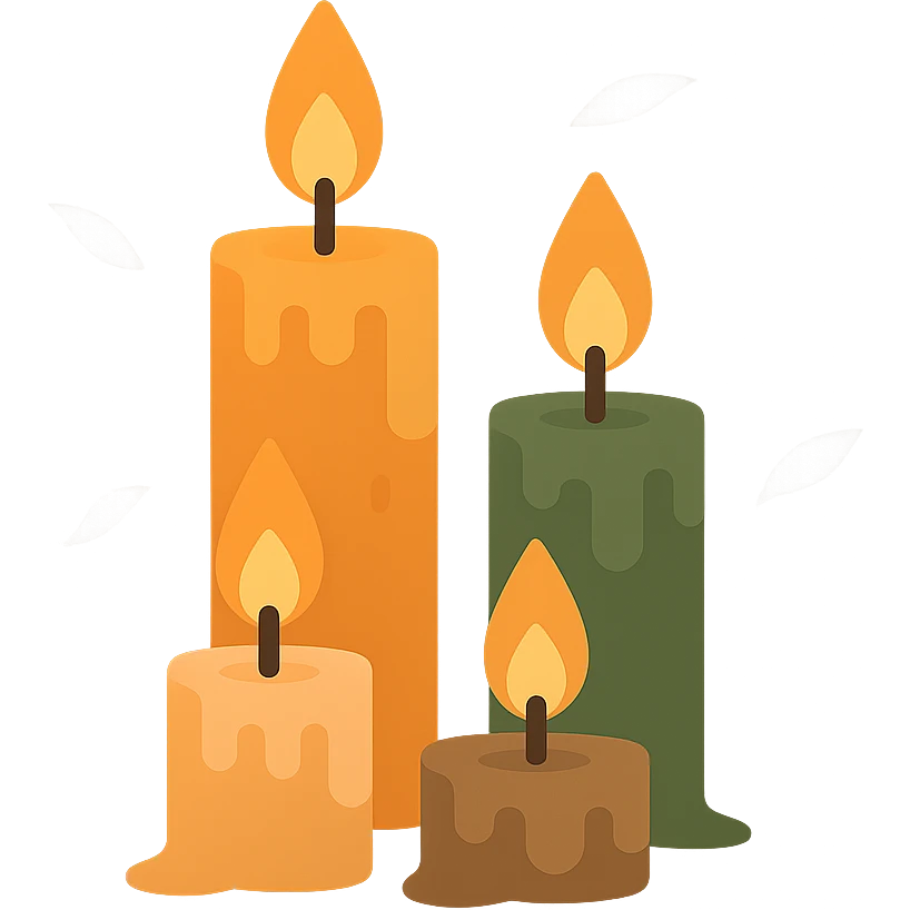 A set of slightly eerie, glowing wax candles with flickering flames, designed in a warm yet mysterious color palette: golden orange (FA9B41), deep forest green (4A7C5C), muted taupe brown (96775A), and soft pastel peach (FFCC9A). The candles are worn, with slightly uneven wax drips and an aged appearance, casting soft, flickering shadows. The flames glow in shades of soft orange and warm yellow, creating a haunting yet inviting atmosphere. The background is dark, with subtle mist or floating leaves around the candles, enhancing a slightly gothic, mysterious vibe. The overall scene has an enigmatic and cozy feel, combining warmth with an underlying sense of intrigue. emoji
