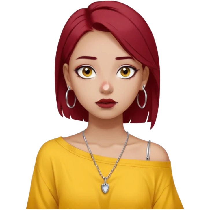 generate a pretty bratz girl with dark brown eyes. Dark red hair straight long. wearing a yellow oversized tee falling off her shoulder, dainty silver necklace, silver hoops, septum piercings. big eyeliner emoji
