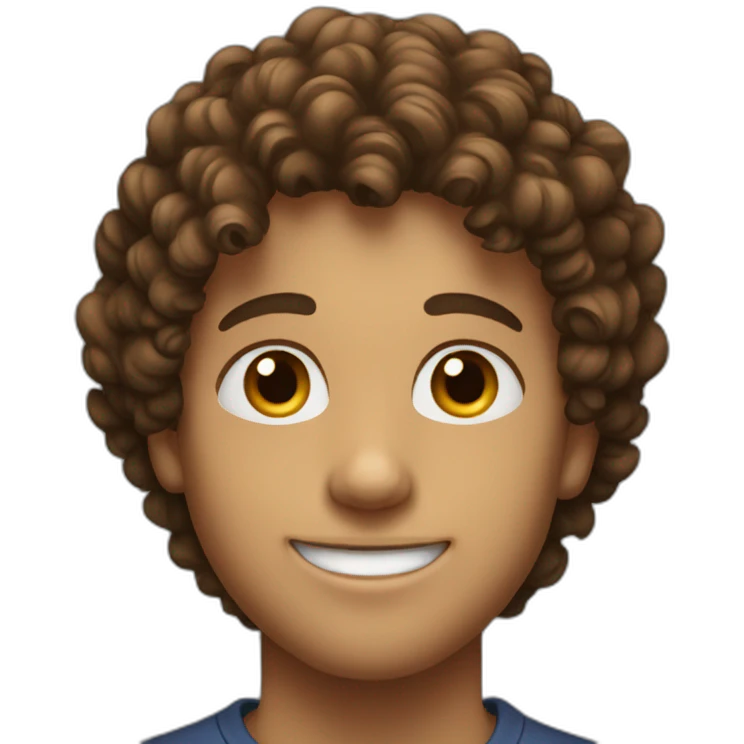Young man with brun curly hair smiling emoji