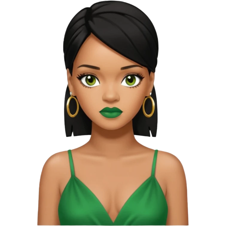Rihanna black hair, hazel eyes, green dress emoji