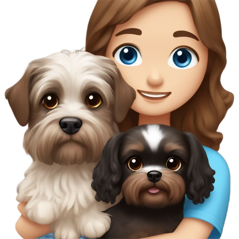 Brown long wavy hair blue eyes girl brown haired boy with blue eyes cuddling a brown dachshund and black fluffy shih tzu emoji
