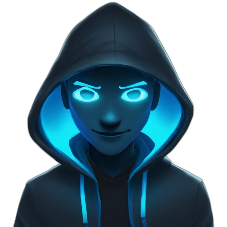 developer behind his laptop with this style : Riot Games Valorant neon blue eyes glowing bright blue character blue black hooded assassin themed character emoji