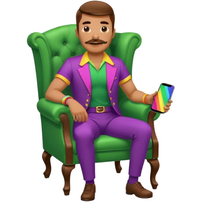 gay man rgb outfit, long chair, mustache emoji