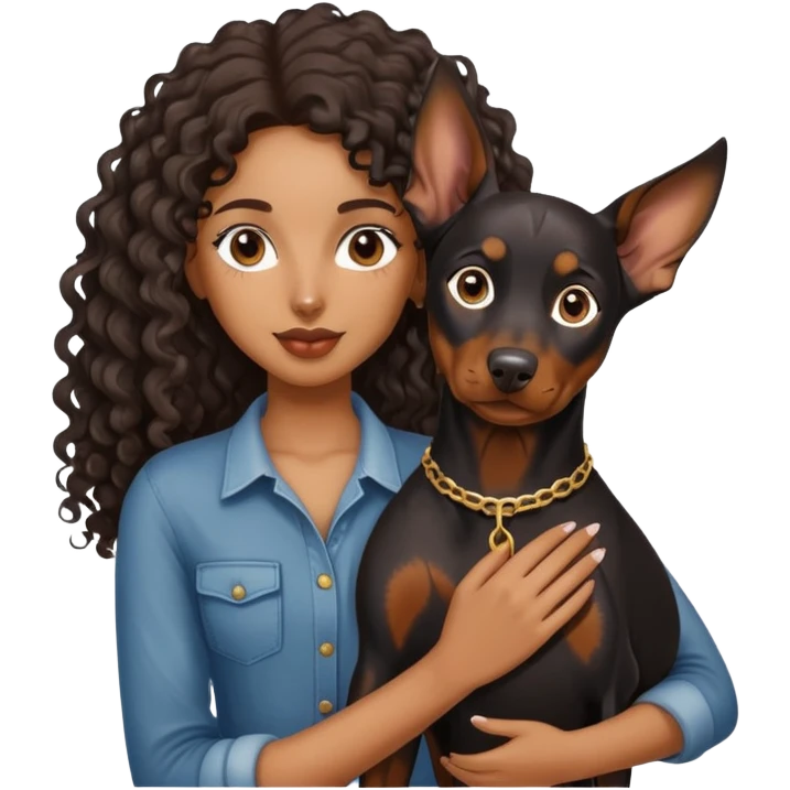 Black girl with long hair holding a Doberman dog emoji