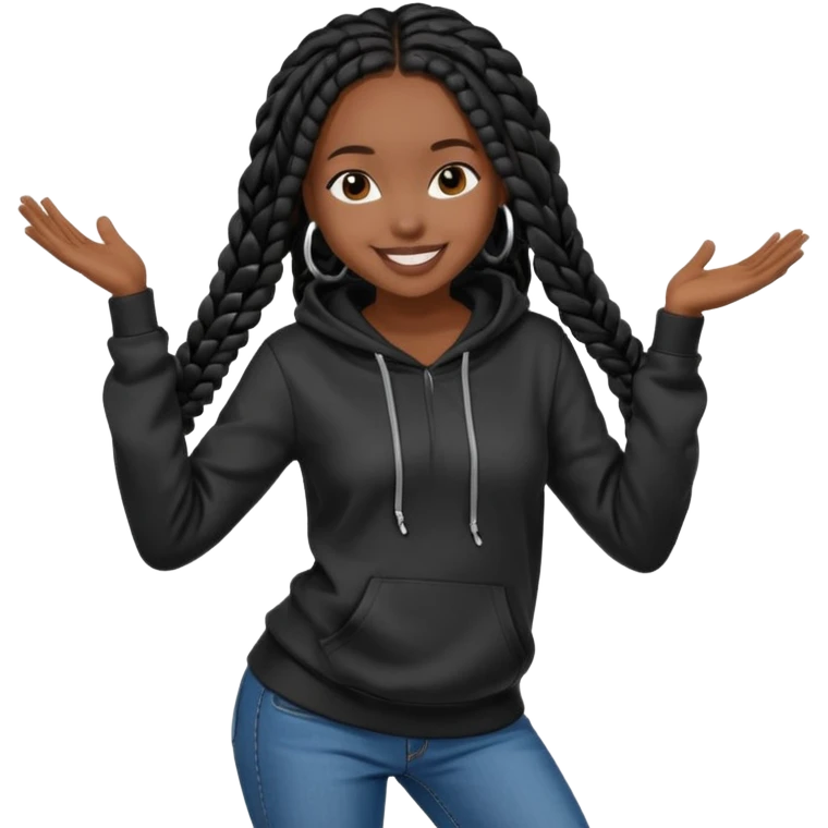 African American girl dark skin with long black box braids wearing plain black hoodie wearing skinny jeans dancing emoji
