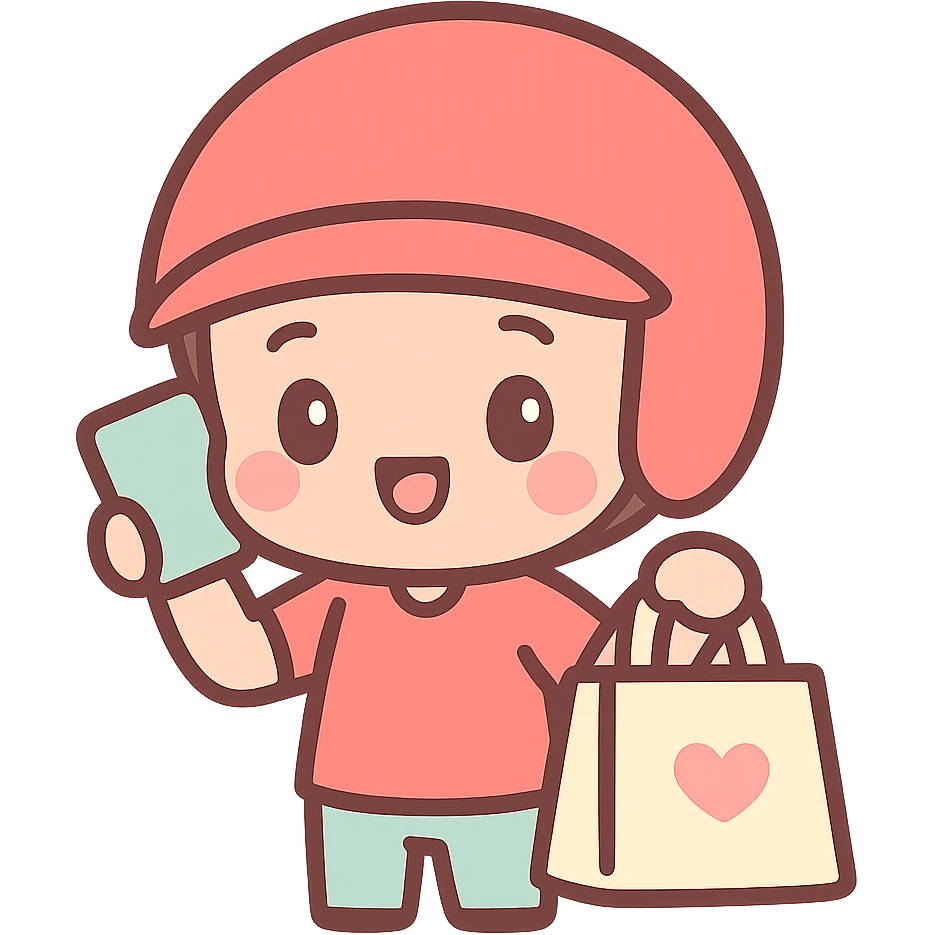 food delivery man in red, wearing red helmet, on the phone, kawaii chibi anime style, flat pastel colors, thick outlines, simple cute features, holding a food bag emoji