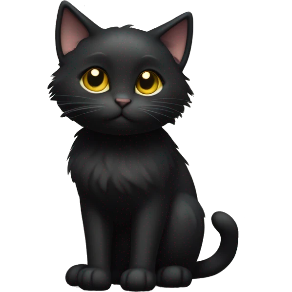 A  petite, solid black sleek furred cat. Light yellow eyes. Black pointed tufts of fluffy fur at the very tips of ears only (tip of triangle on ear). Fully body and no other color markings. Facing forward and standing with ears slightly tilted. emoji
