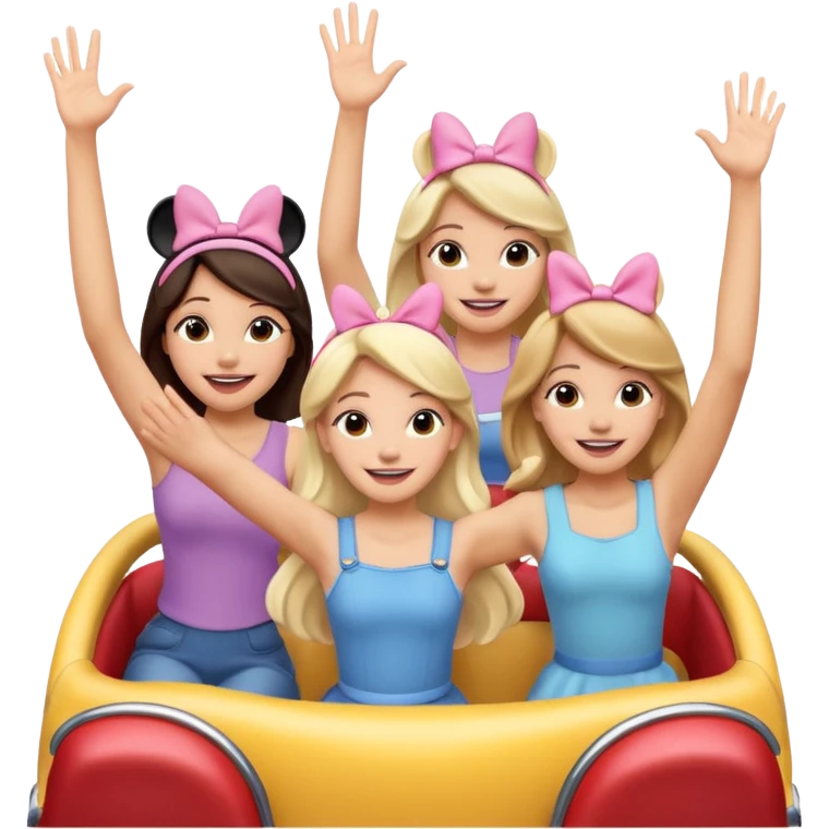 quatro chicas montadas en una atraccion de levantando la mano con orejas de Disney puestas en una atracción emoji
