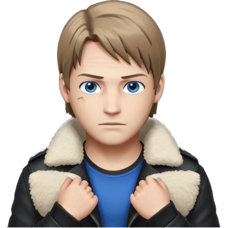 Leon Kennedy from resident evil 4 remake in sheepskin coat and black t-shirt blue eyes clean-shaved emoji
