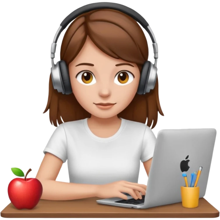 brown-haired girl wearing white t-shirt, headphones, working on computer, apple emoji style, no background, no text emoji
