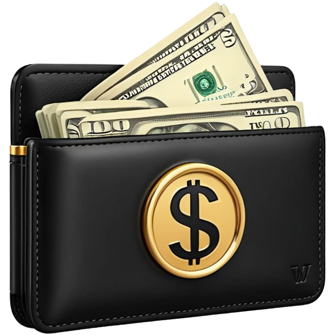 Rich emoji style black leather wallet with dollar bills, luxury money vibe, premium 3D emoji, ultra clean, high detail, no background
 emoji