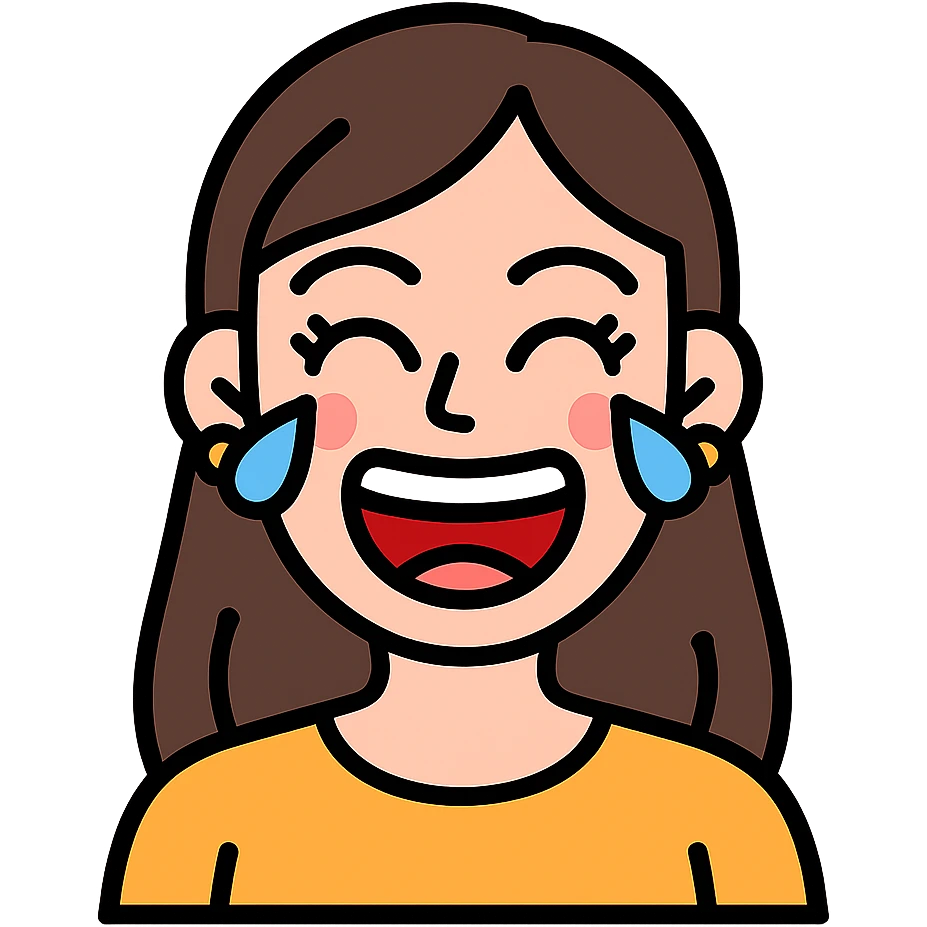 vector emoji of a woman laughing hard, eyes squeezed shut with tears, big open mouth with visible teeth and tongue, flushed cheeks, long lashes, makeup accents, bright colors, clean lines, playful and lively style emoji