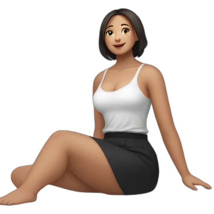 Front view full body curvy caucasian beauty sits on the floor straight hands up black skirt white knickers white socks emoji