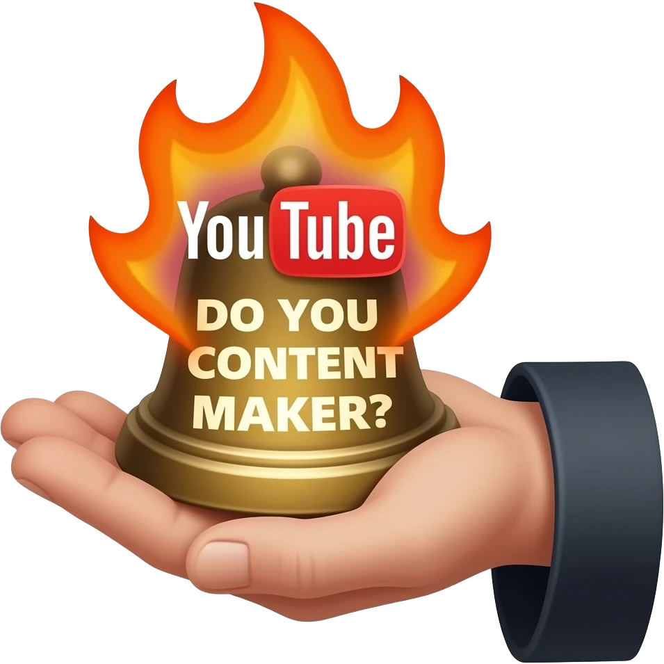 A wizard’s hand holding a glowing, looking at viewer, magical YouTube logo like a fire spell. glowing white text on the bellow: "DO YOU WANT CONTENT MAKER?" High fantasy, mystical particles, clean, sticker style emoji