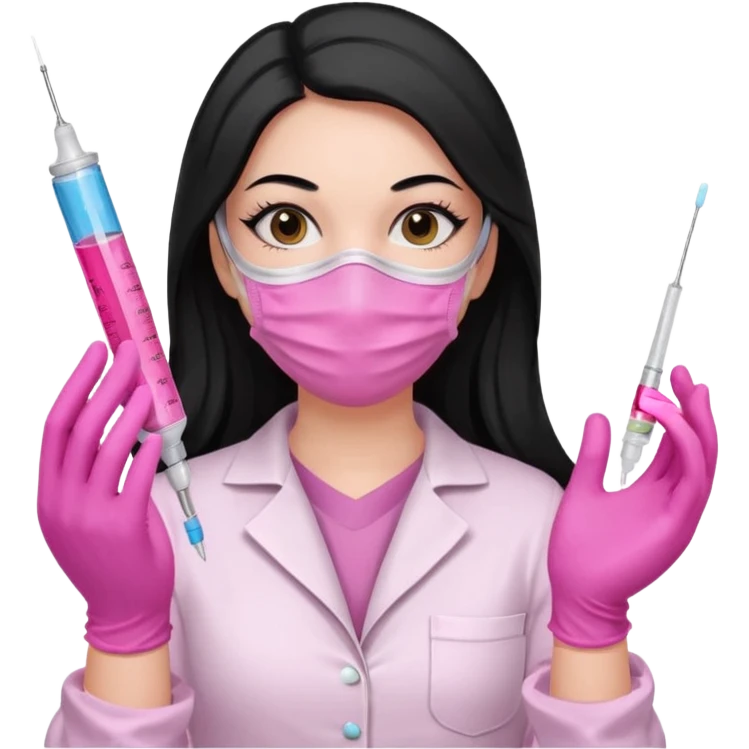 laboratorista con guantes rosa y mascarilla rosa jeringa tubos sin lentes pelo lacio negro y largo emoji