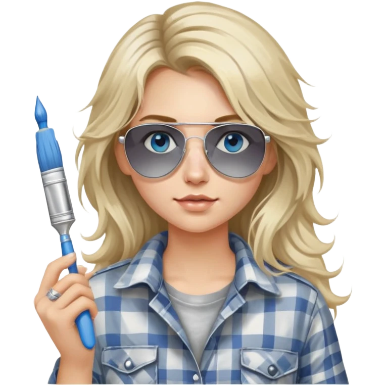 girl with long blond messy hair, white paint on her face wearing grey plaid shirt with blue eyes and aviator sunglasses wearing a ring on her silver necklace, holding a paint brush roller emoji