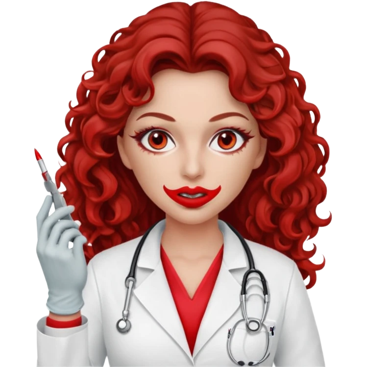 Scary woman scalpel in hand, evil surgeon sexy .  She has red eyes. Her  brown long curly hair. Wears sexy doctor outfit with red gloves. make her hair free and brown but she  wear mouth cover   to hide. Wears white surgeon jacket andpejab only hides lips and nose  eyes emoji