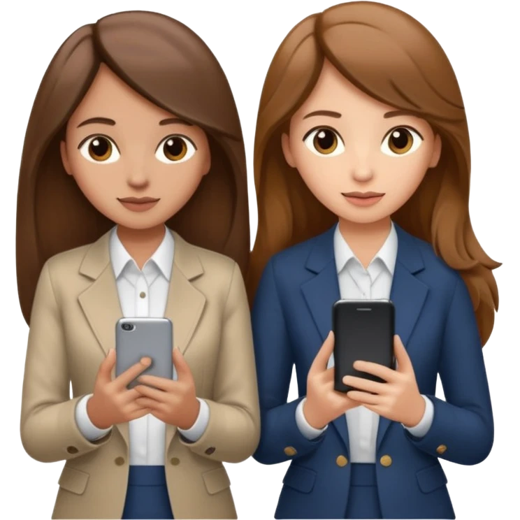 two brown haired girls, looking professional maybe leaned on each others back and looking forward and using phones, with long hair and one girl can hold lap top another one can hold the phone, professional clothes, more stylish emoji