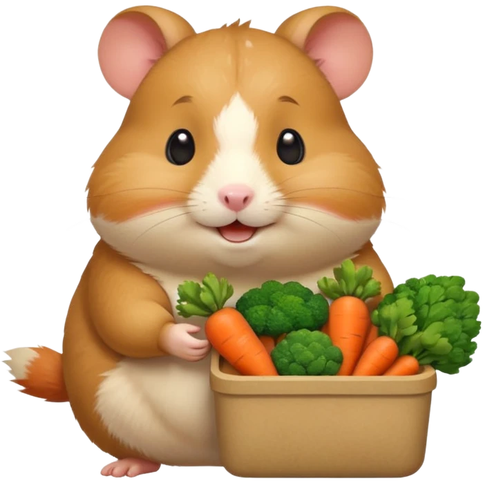 Cute chubby cartoon-style hamster holding a small bento box filled with vegetables, smiling proudly. Soft painterly shading, white background, sticker-style illustration emoji