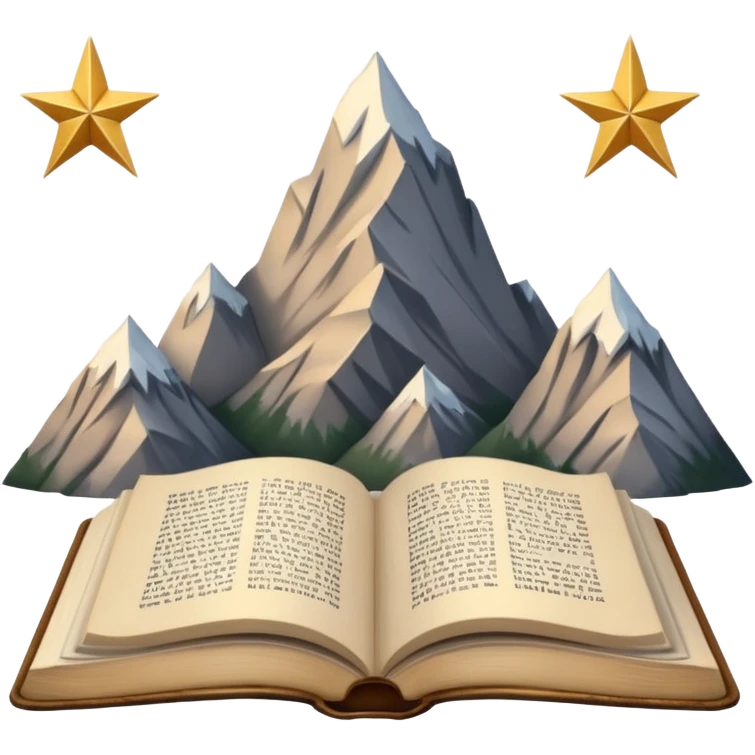 three mountain peaks of gray color, above each of the peaks there is a golden star, in front of the mountain peaks there is an open book emoji